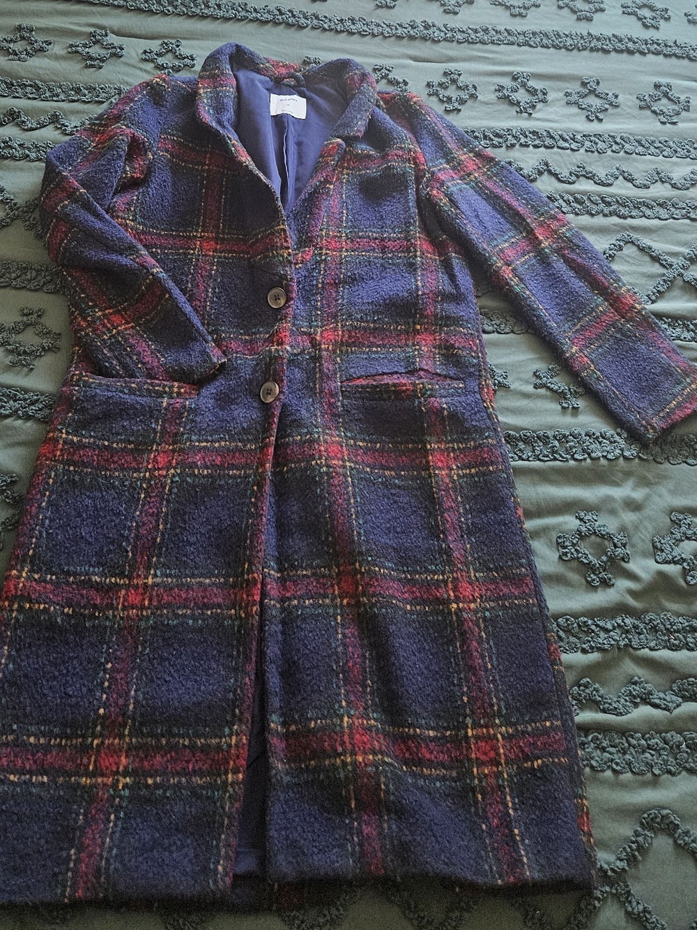 Old Navy Navy and Red Plaid Wool-Blend Pea Coat